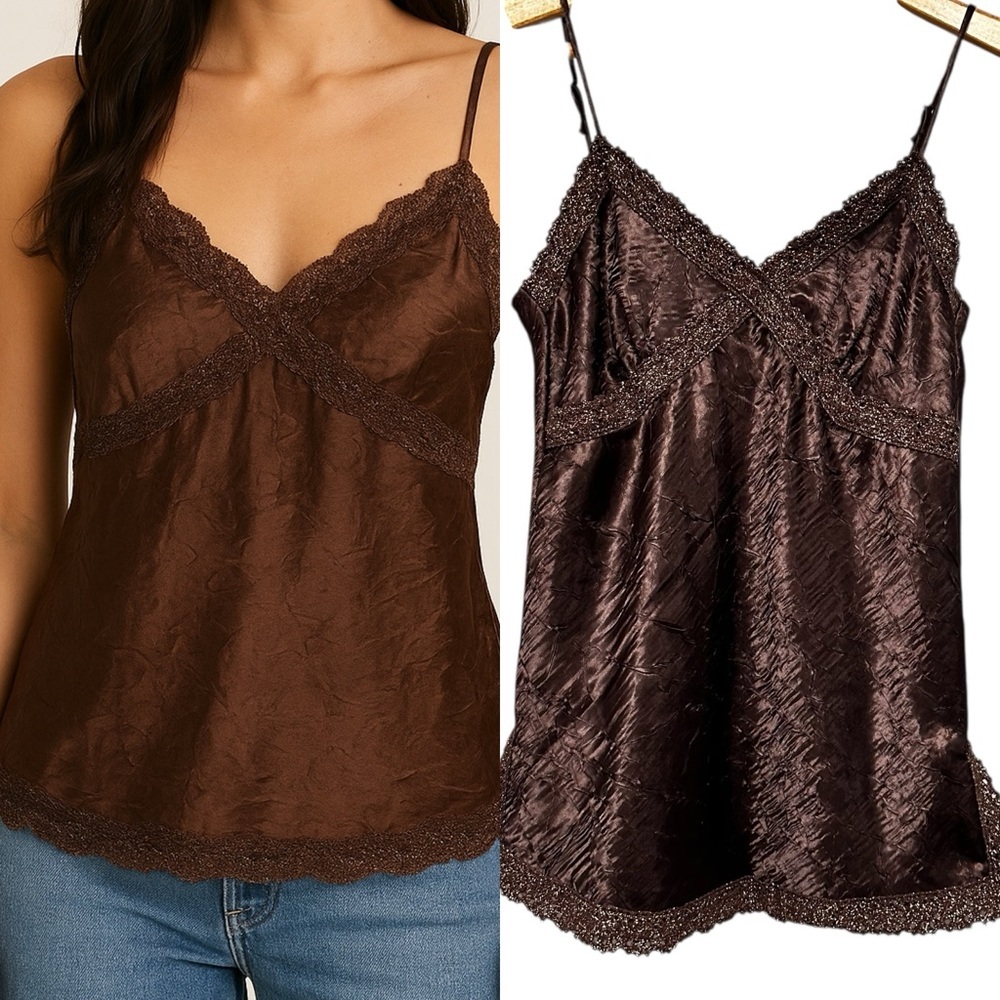 Y2K Brown Satin Lace Trim Cami Tank Top Small Vintage 90s/2000s Lingerie Style